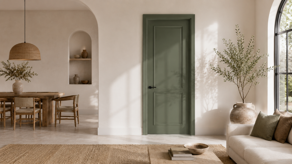 Puertas verdes con paredes blancas