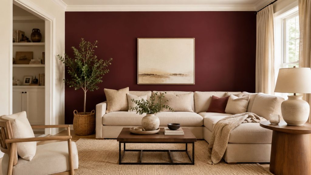 combinar paredes granate con blanco y beige