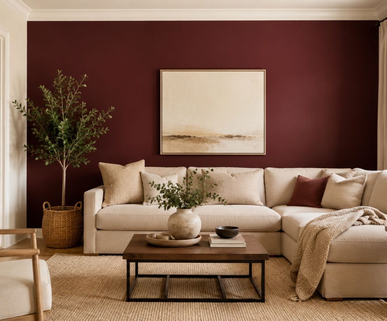 combinar paredes granate con blanco y beige