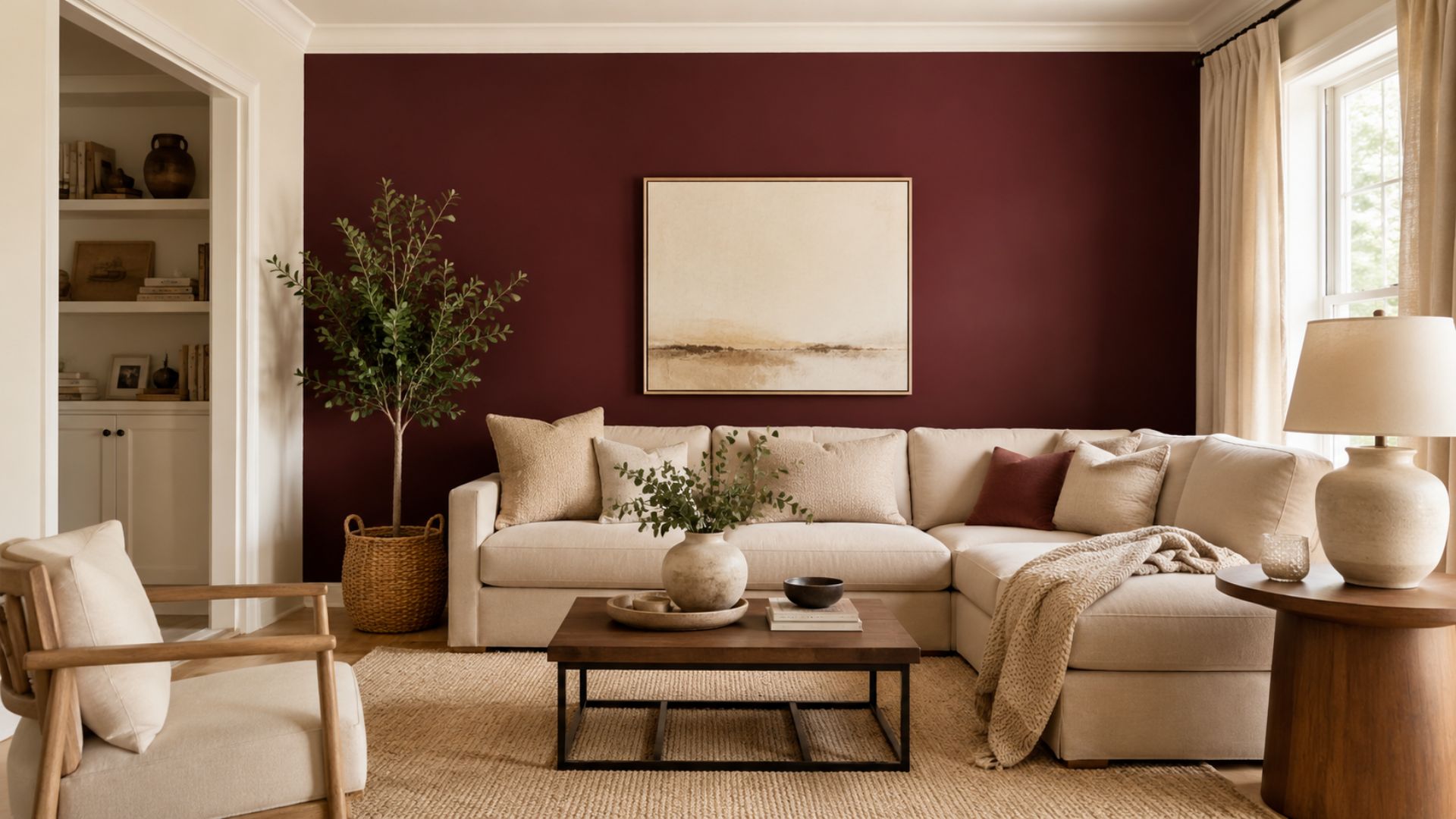 combinar paredes granate con blanco y beige