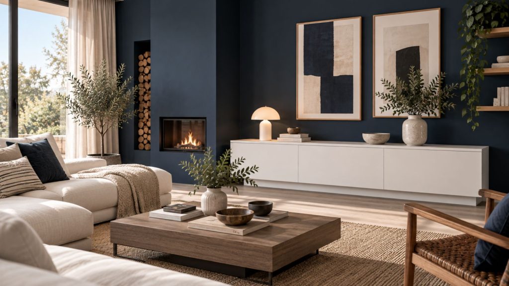 Muebles blancos y paredes oscuras