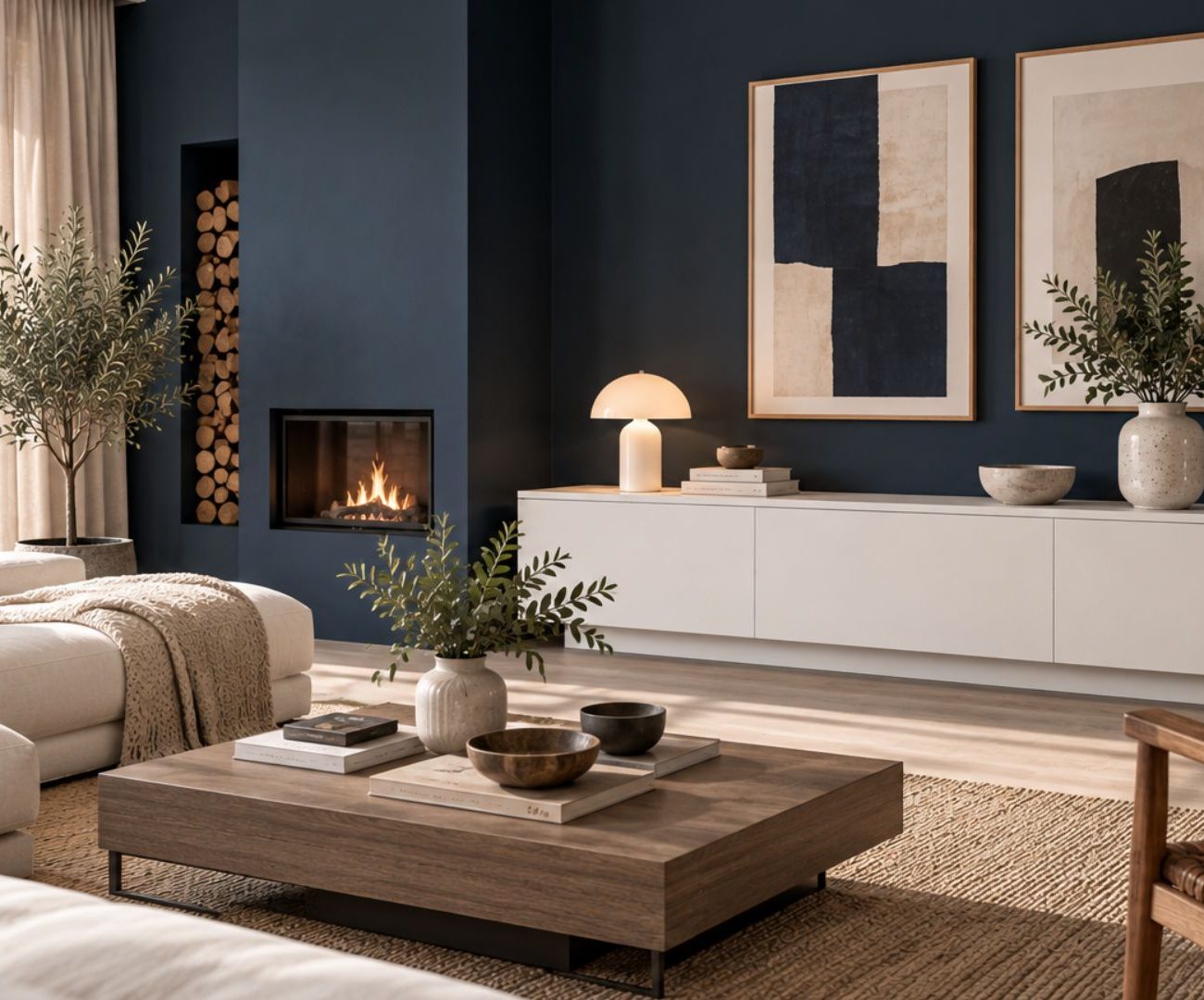 Muebles blancos y paredes oscuras