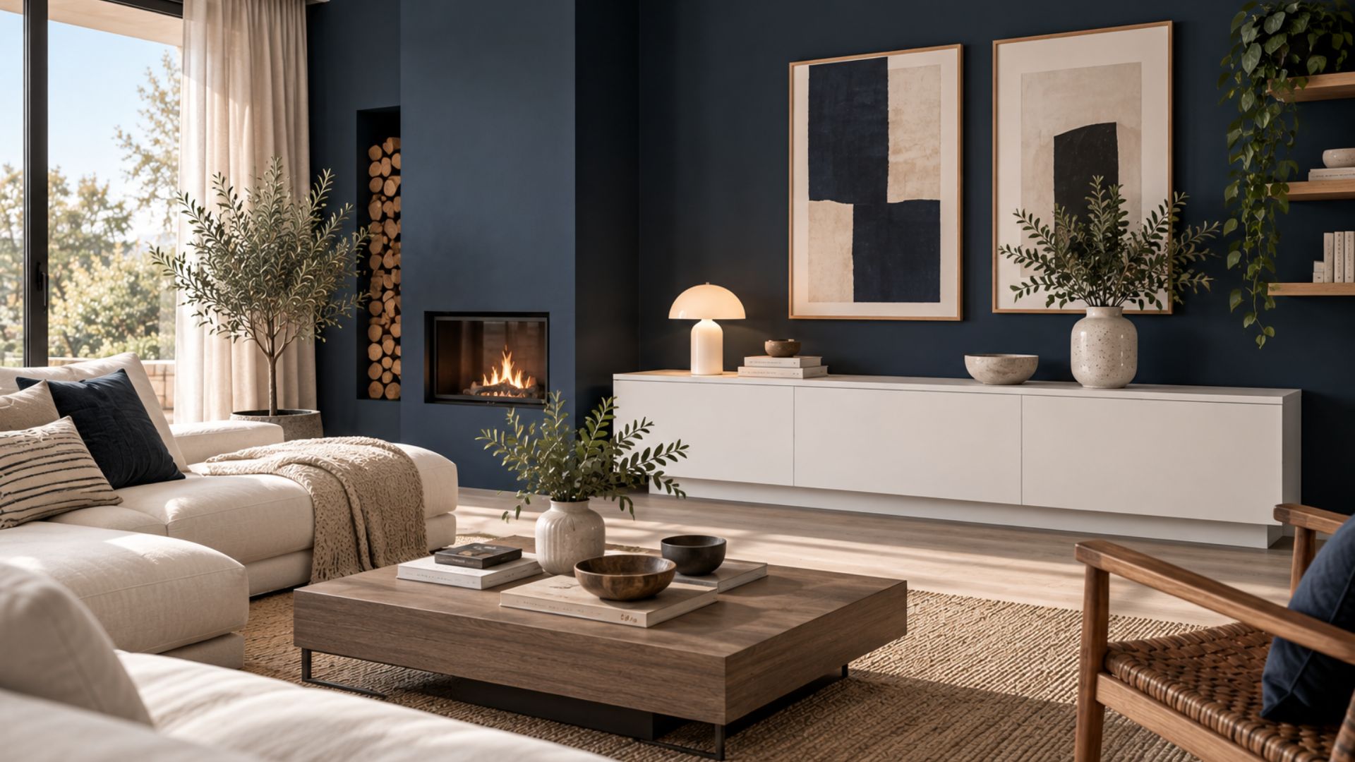 Muebles blancos y paredes oscuras