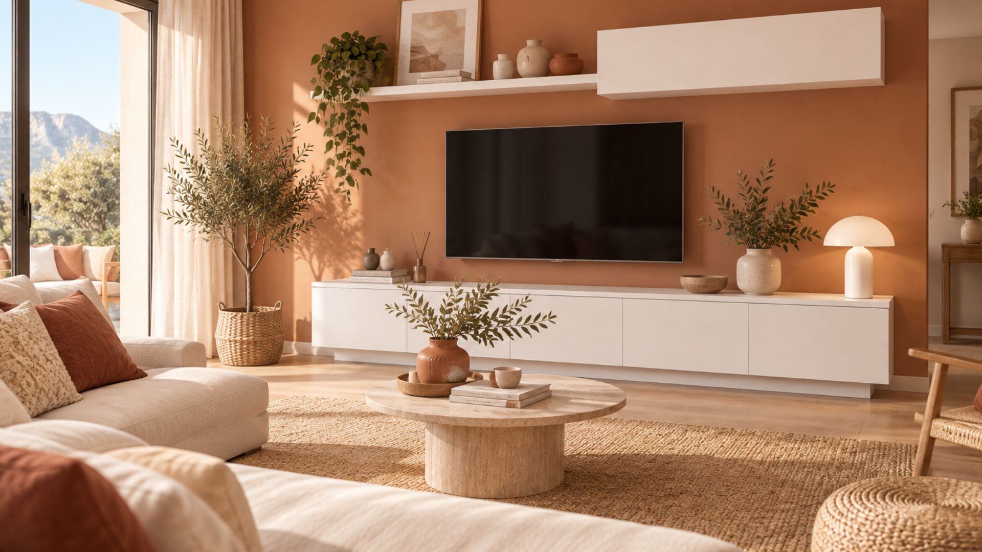 Salon naranja con muebles blancos
