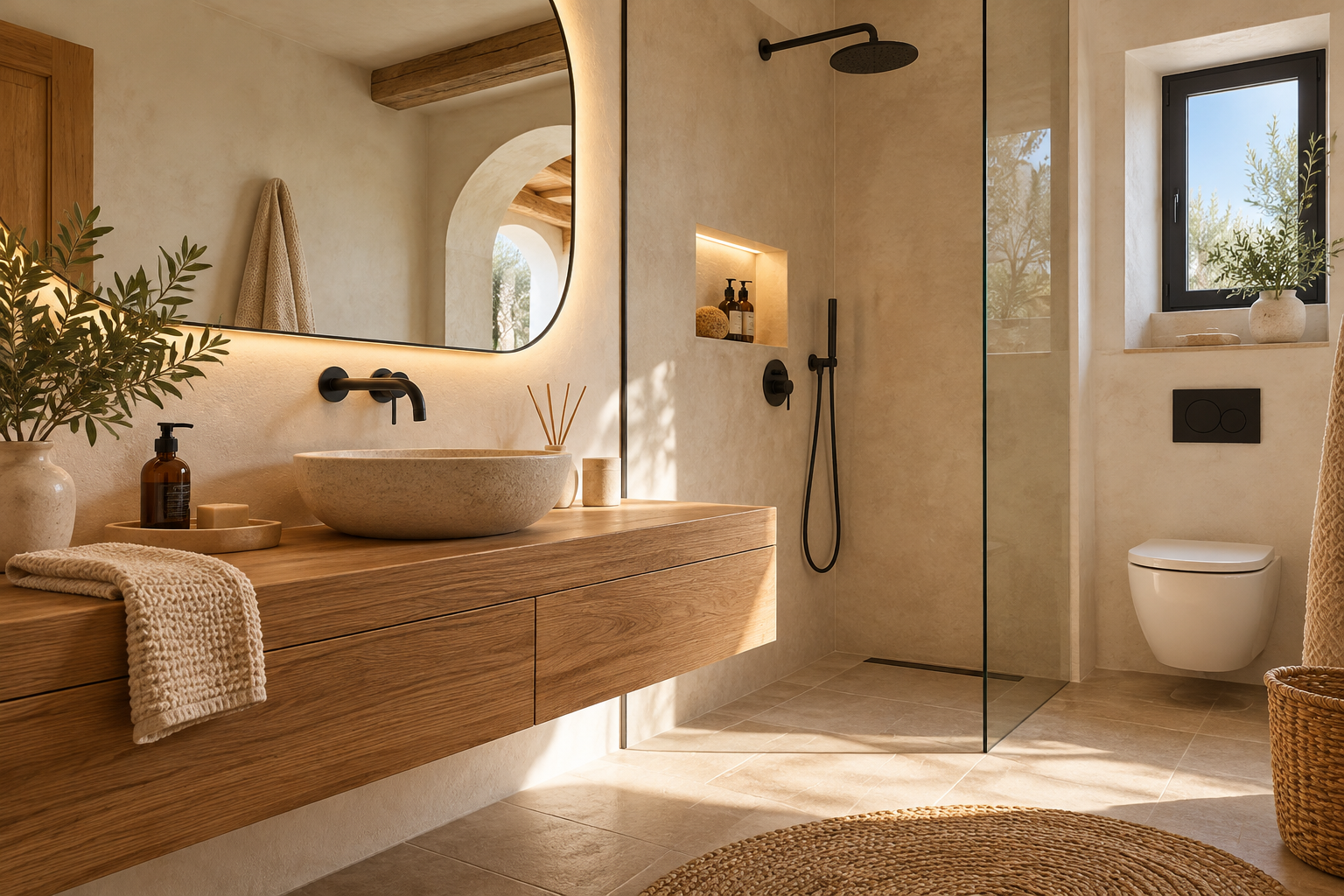 Baño mediterráneo con luz cálida y madera
