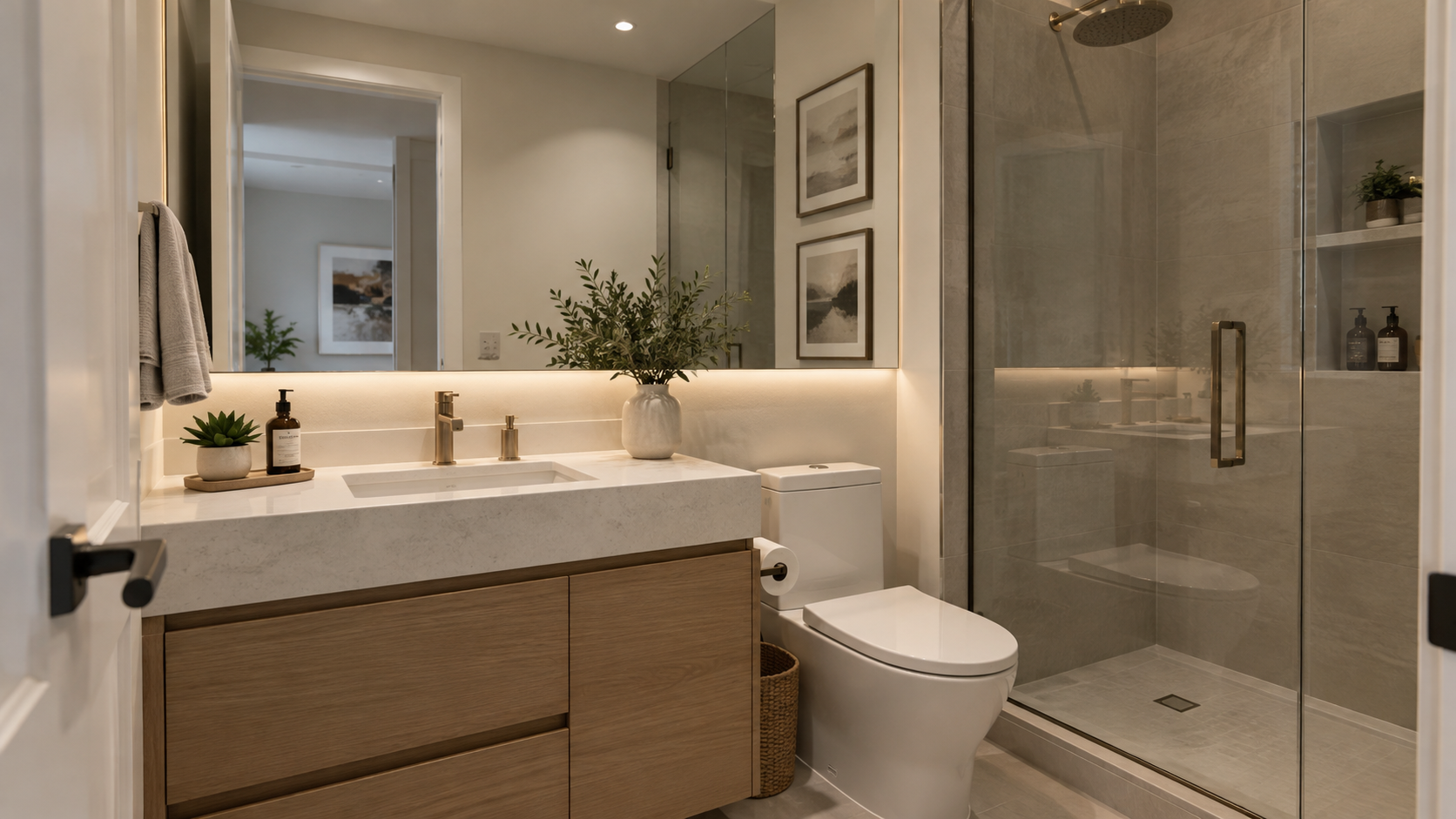 Decoración de baño pequeño minimalista con detalles naturales
