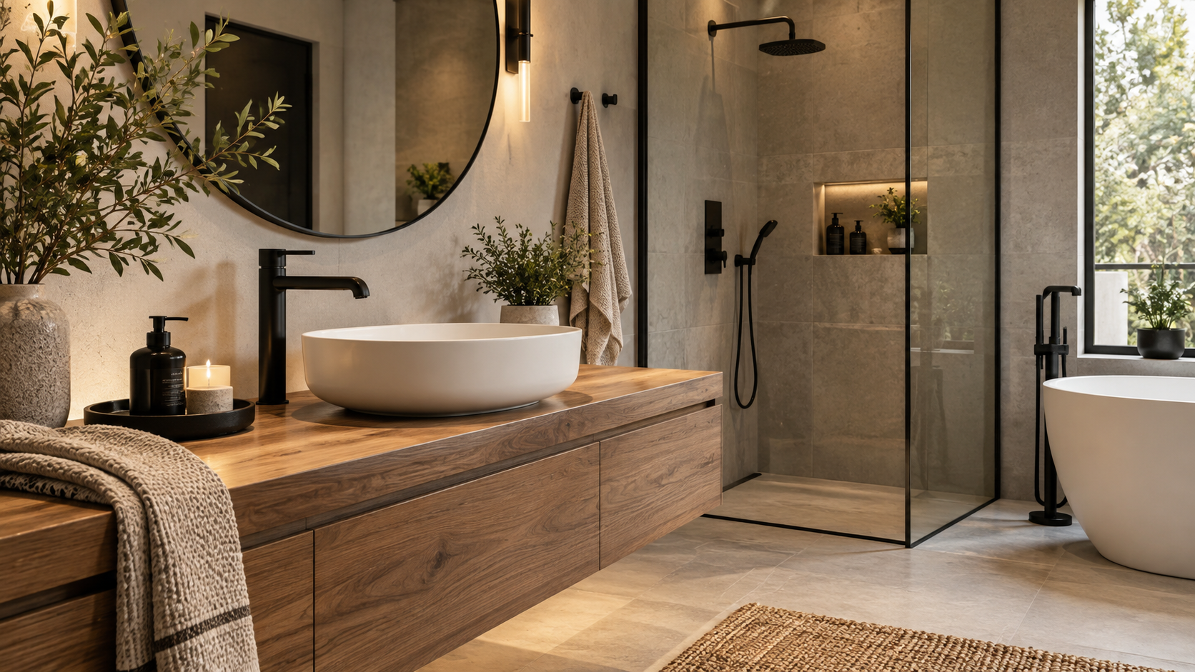 Diseño de baño moderno con madera y elementos naturales