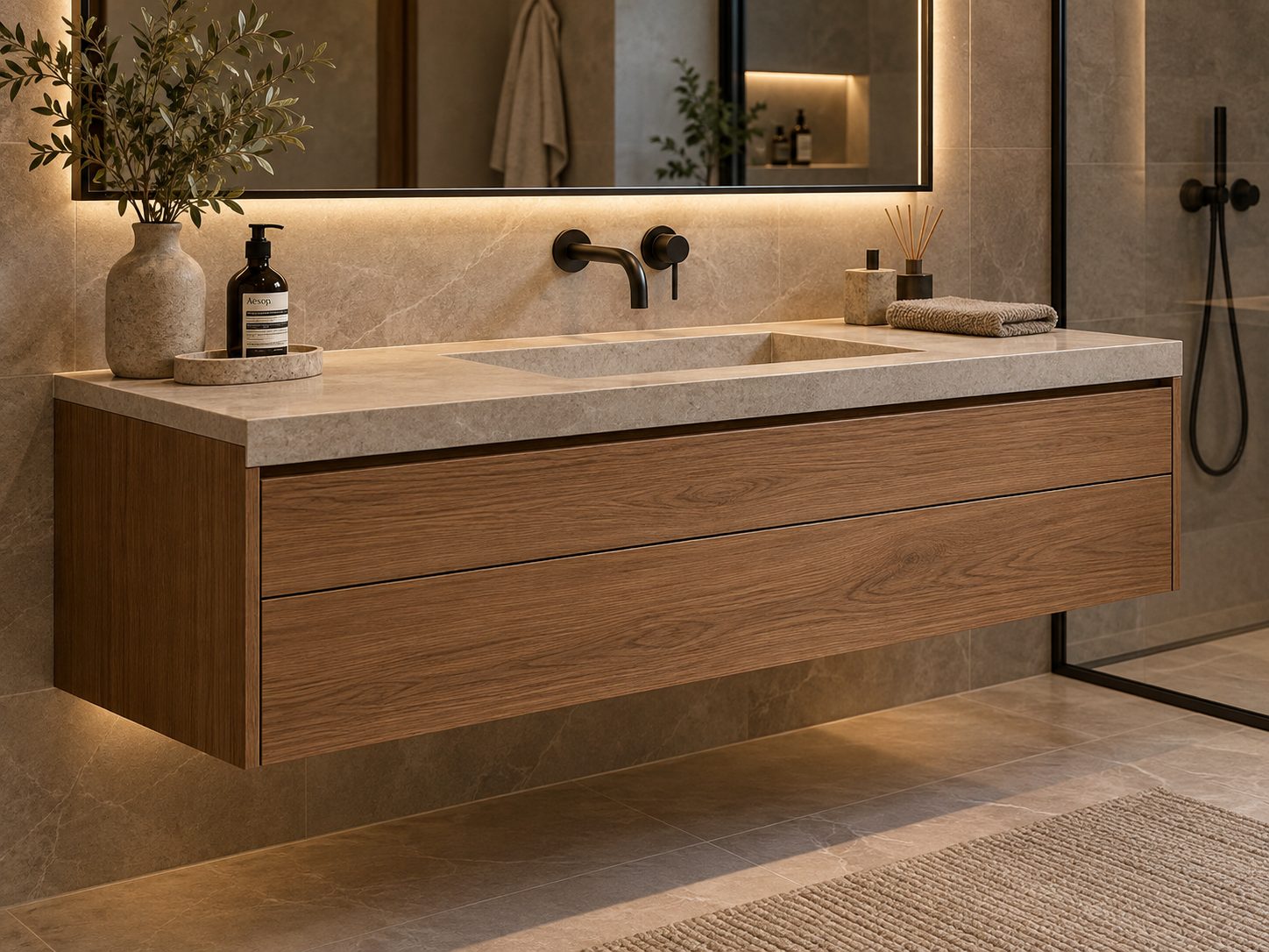 Baño moderno con tocador de roble y espejo retroiluminado