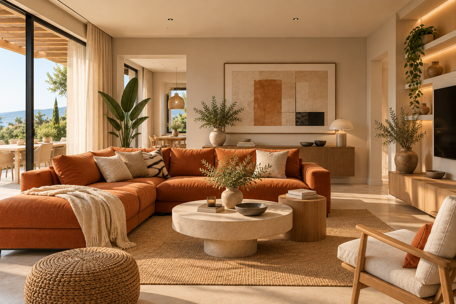 Salón mediterráneo con sofá terracota y luz natural